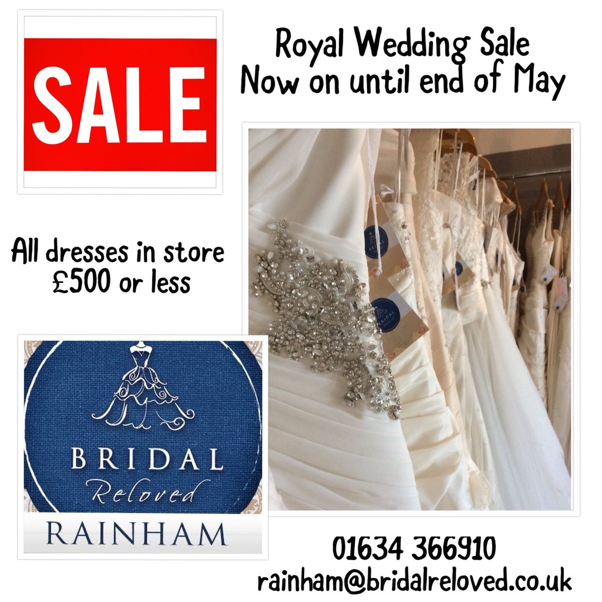 BridalRelovedRa's tweet photo. We are holding a Royal Wedding Sale, now until end of a May. All dresses instore £500 or less 😍

#kentwedding #kentbride #medway #kent #rainham #weddingdress #bridalrelovedrainham https://t.co/hMbW4UXMGb