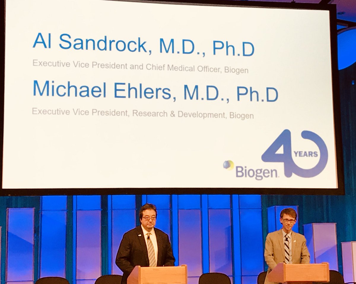 biogen's tweet photo. Al Sandrock, EVP and CMO, and Michael Ehlers, EVP, Research and Development discuss Pioneering Neuroscience at today’s #Biogen40 event https://t.co/ChUeRU6iCS