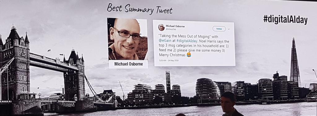 MikeyOsb's tweet photo. Hang on, that's me on the big screen!
Thanks for a very interesting #digitalAIday @eGain @stephenjpetty @nedavis1974 https://t.co/7FEEIWDjQX