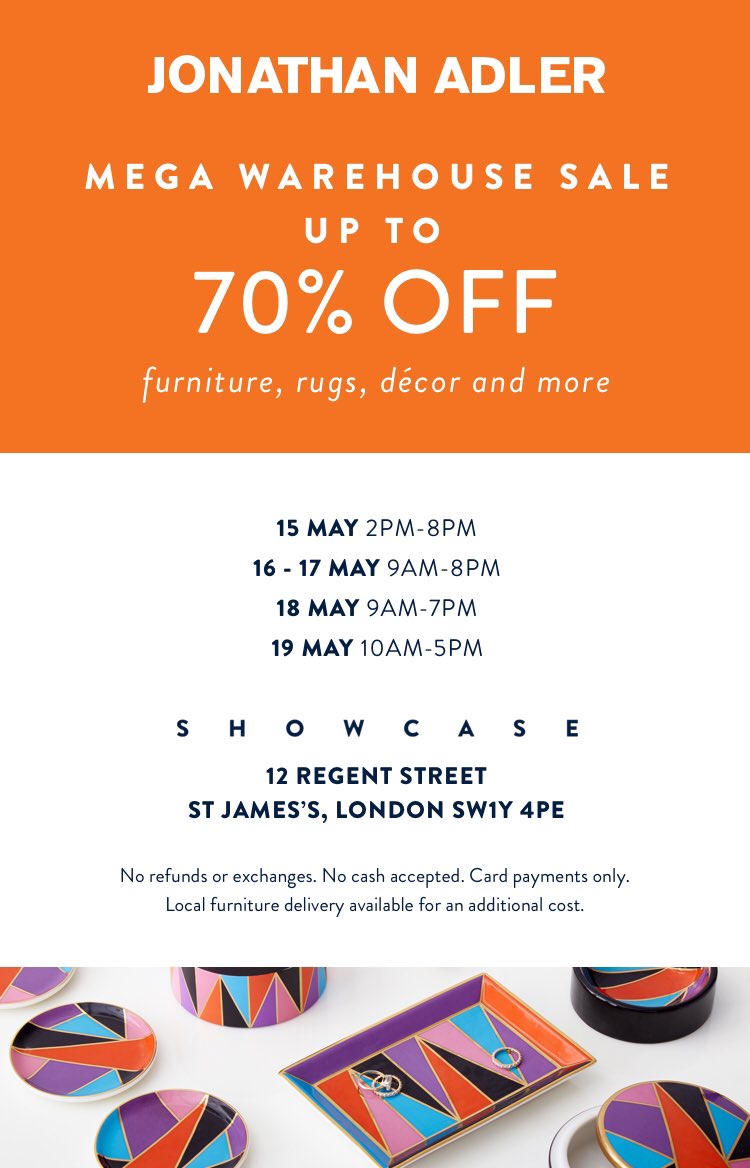 Rachel Mackinnon (@r_portraitcomms) on Twitter photo Ladies and gentlemen, it's the <a href="/jonathanadler/">Jonathan Adler</a> warehouse sale! It's happening. From tomorrow. Yes really. #birthdaygirlgotapreview #omg #bargains #samplesale #jonathanadler Ladies and gentlemen, it's the <a href="/jonathanadler/">Jonathan Adler</a> warehouse sale! It's happening. From tomorrow. Yes really. #birthdaygirlgotapreview #omg #bargains #samplesale #jonathanadler