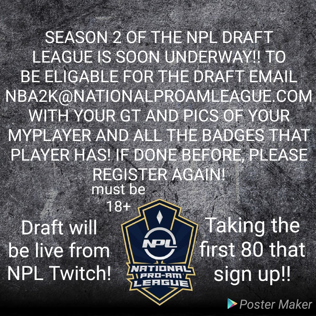 NPL'S XBOX 1 DRAFT WILL BE THIS SUNDAY!!!! THATS RIGHT! THIS SUNDAY!!! WALK ON WORKOUTS WILL BE THURSDAY, FRIDAY, SATURDAY 8PM-11PM FOR ALL PLAYERS TO SHOW THEIR SKILLS!! MAKE SURE YOU SIGN UP!! RT <a href="/WalkOnWarriors/">⚠️ Walk-On Warriors</a> @NBA2KPlayUnion @MyplayerAgency <a href="/NBA2KCenter/">JT</a> #ProAm #NBA2K18 #NBA