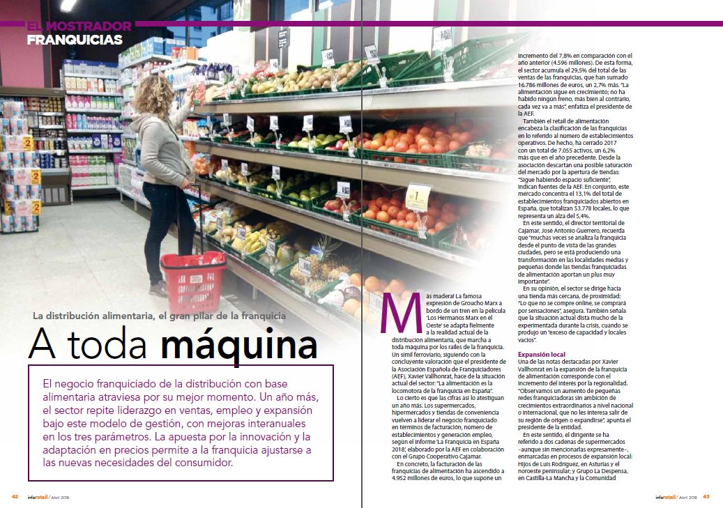 InforetailNews's tweet photo. #enpapel Las franquicias de la distribución alimentaria, a toda máquina https://t.co/va9RyLQXKV #retail #granconsumo @alcampo @CarrefourES @caprabo #Covalco @Consum @EROSKI #Gadisa @DIA_Group #Ecomora @VolvoCEGlobal @Condislife @grupomiquel #Masymas@AEFranquiciador @Retail_Data https://t.co/wYaReZyD2v