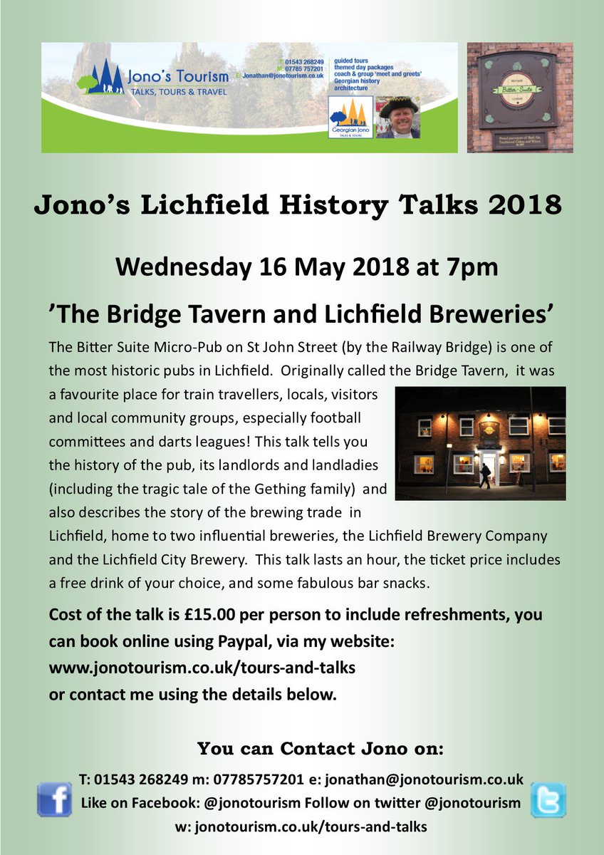 What are you doing Wednesday #LichfieldLocal #sutcolhour? Why not come to my fantastic new talk 'Bridge Tavern &amp; the Lichfield Breweries' <a href="/BitterSuitePub/">The BitterSuite</a> #camra #pubs #history #talks. £15pp to include #free drink and bar snacks! Book at: jonotourism.co.uk/tours-and-talks