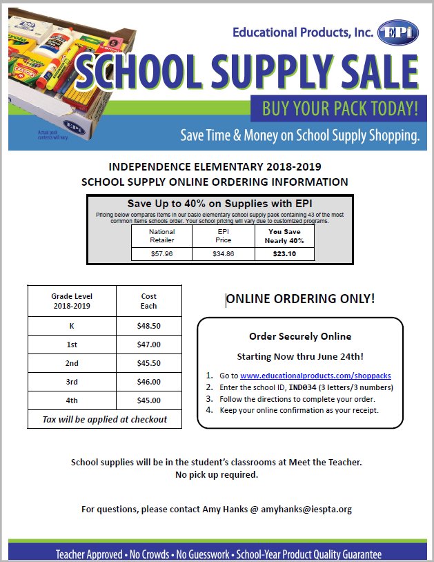 Order your prepackaged school supplies by 6/24. Use school code IND034 buff.ly/2jWDKrj