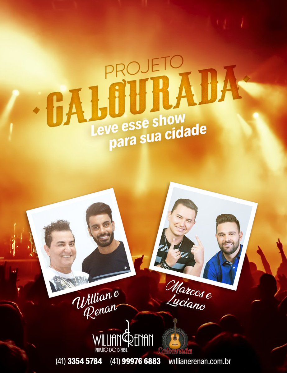 willianerenan's tweet photo. Já pensou em ter Willian e Renan e Marcos e Luciano em sua cidade? Contrate o show Projeto Calourada e garanta sua festa! 💃🏻
Para contratações ligue (41) 3354-5784; (41) 99976-6883 ou acesse https://t.co/jpAAtwzJvs https://t.co/KPDUOENc9D https://t.co/gHywL70XsX