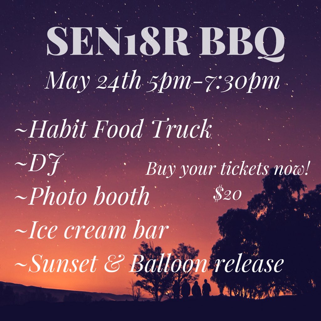 gthsof2018_'s tweet image. Senior BBQ next thursday! Tickets on sale now $20. Come out &amp;amp; Enjoy
• The Habit 🍔
• Dj 🎤
• Photo Booth 📸
• Ice Cream Bar 🍦
• Sunset/ Balloon Release 🌅🎈