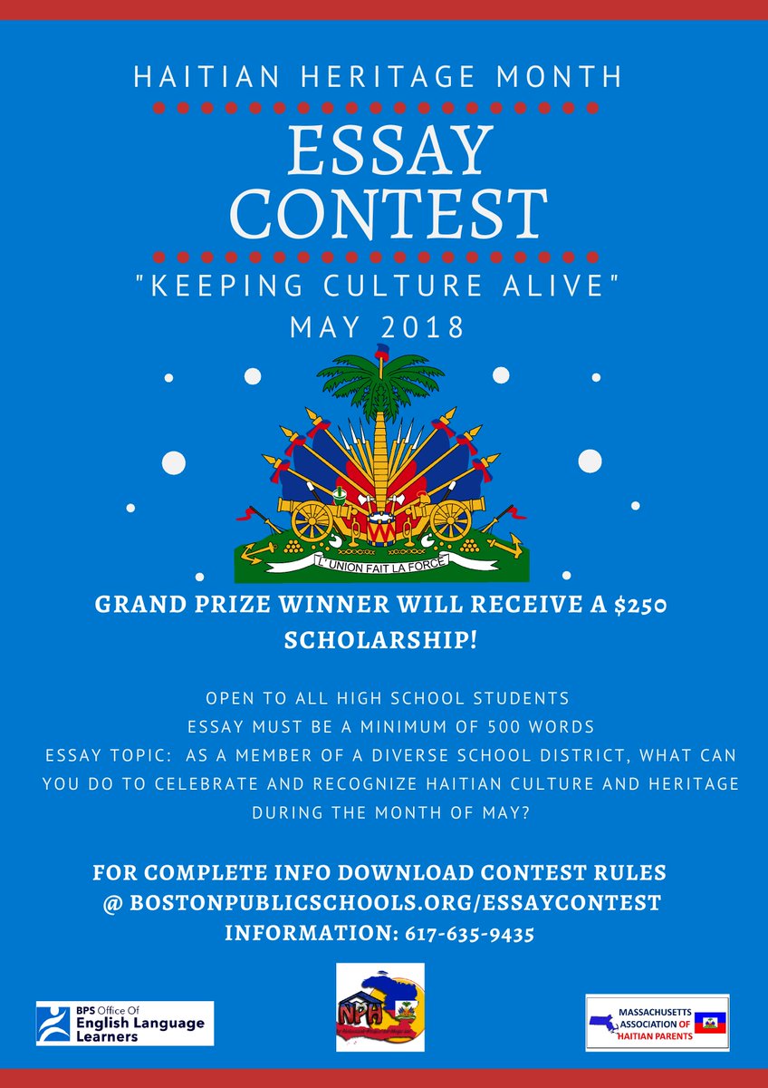 BPSCE's tweet photo. Boston Public Schools wants high school students to participate in the #Haitian Heritage Month Essay Contest. Deadline: May 31st. See flyers for contest rules and details. #Follow  @BostonSchools @BPSCE #BostonPublicSchools #Boston #KeepingMyHeritageAlive
https://t.co/2ZROGj1EH3 https://t.co/DhKbSaLYME