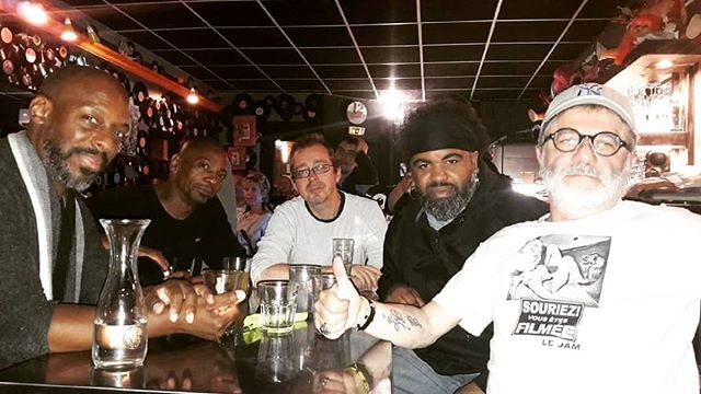 EJ_Strickland's tweet photo. The band hanging w Henri Fiore of Le Jam here in Marseille last night after a long day of recording in the studio. Good times. 😊❤️👊🏾 #reggiewashington4tet #lejam #thehang https://t.co/DeUKwmvz4i https://t.co/yXOpbqGHQD