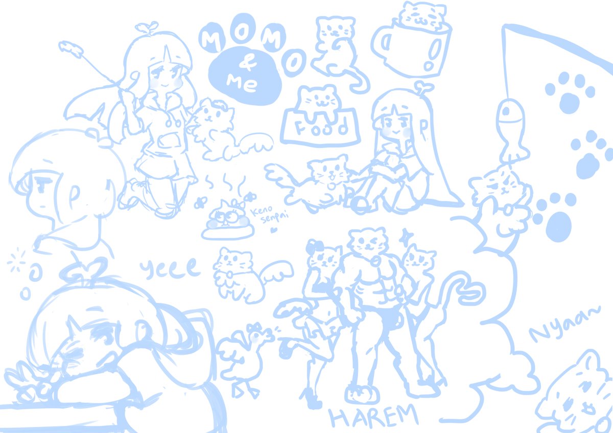 Evaneris's tweet image. Thanks everyone for dropping by on my "surprise" midnight stream and watch me doodle cluelessly while testing out the drawing programme! Did a quick sketch of my lalafell, Miqote Tribute and random Momo&amp;amp;Me bits and pieces. Will try my best to finish a piece one day!