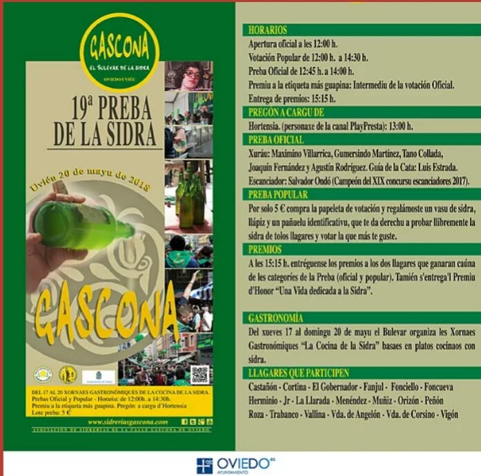 Llega la Preba 2018.Nos vemos en <a href="/gascona/">elbulevardelasidra</a> !! <a href="/SidraTrabanco/">Sidra Trabanco</a> <a href="/CorralinEl/">Sidrería la Viliella</a> <a href="/SidreriaCabana/">Sidrería La Cabana</a> <a href="/PumaradaGascona/">La Pumarada Gascona</a> <a href="/sidreriapiguena/">Sidrería El Pigüeña</a> <a href="/TierraAstur/">Tierra Astur</a>