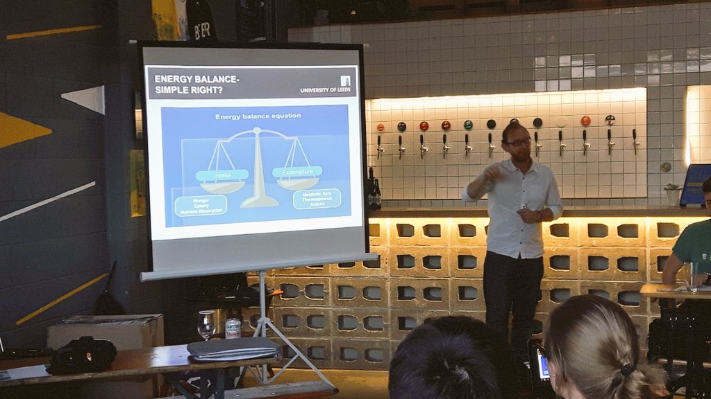 farmistead's tweet photo. Our second talk is by Dr. Mark Hopkins who is discussing the different factors contributing to the effectiveness of diet and exercise on weight loss and regulation #pint18 #leeds #BMLeeds @LeedsSTEMsoc https://t.co/5tPseogErp