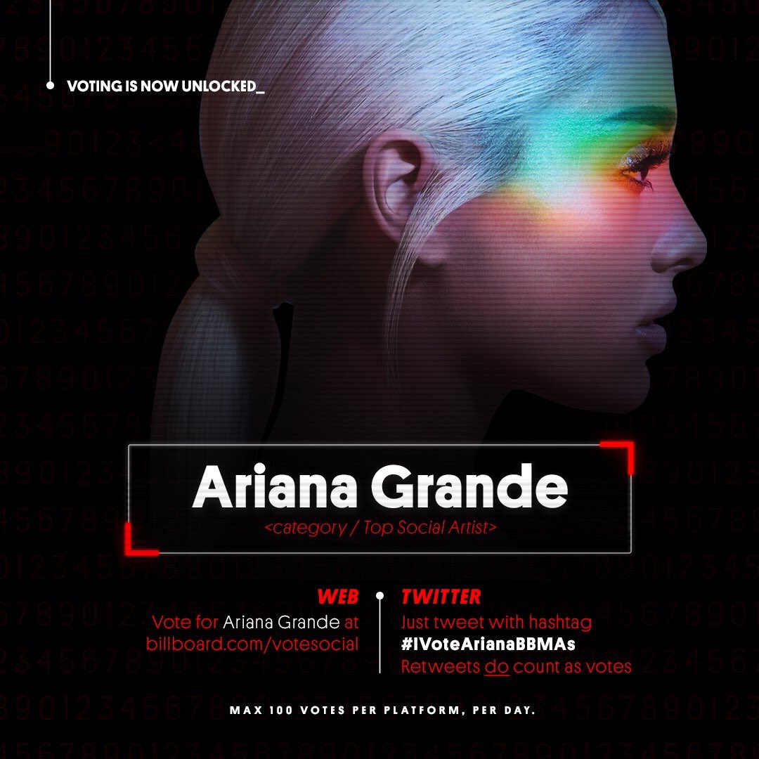 GrandeTourNews's tweet photo. Voting for @BBMAs “Top Social Artist” is opened! To vote for @ArianaGrande on Twitter use #IVoteArianaBBMAs (RTs count as votes as well) and online at https://t.co/07fweSIOaW. 
(Max 100 votes per platform per day) https://t.co/05HMd7RS1b
