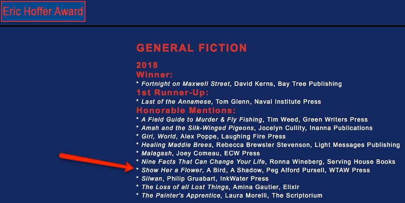 Show Her A Flower A Bird A Shadow has received the @HofferAward Honorable Mention for the Grand Prize in Fiction! Congratulations @peg_a_pursell and @WTAWPress!!!

#HofferAward