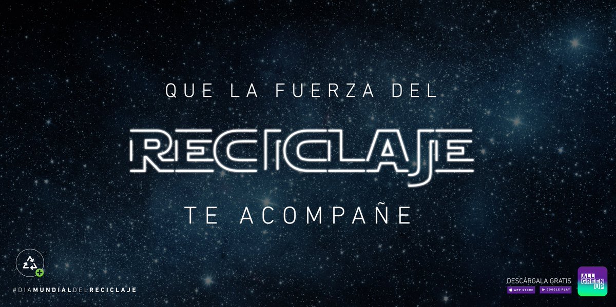 allGreenup's tweet photo. ¡Que la fuerza del reciclaje esté contigo! Haz retweet a este tweet y gana 100 puntos por ayudar a inspirar a los demás a ser más amables con el planeta. Inscríbete además en nuestro nuevo desafío y participa por una batería Samsung. https://t.co/j2XYMcVSup