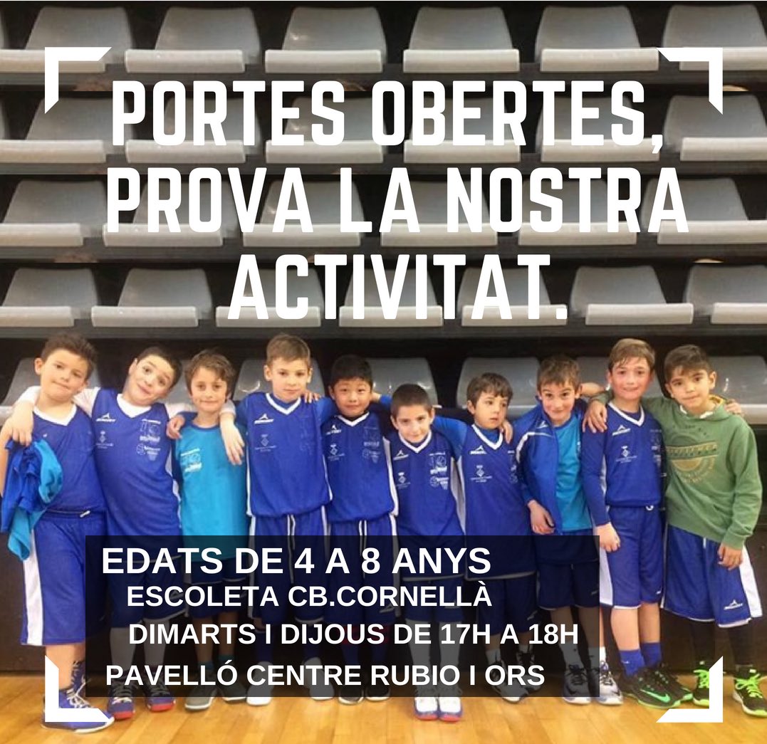 BasquetCornella's tweet photo. ‼️Demà és el 1r dia de portes obertes de l’escoleta!
⛹🏻♀️⛹🏻♂️Si tens entre 4 i 8 anys i vols jugar a bàsquet, no t’ho pensis i vine!
📅 Dimarts i dijous
⌚️De 17h a 18h
🔵 #somblaus #somfamiliablava #EBCB https://t.co/aqfelCjNsB