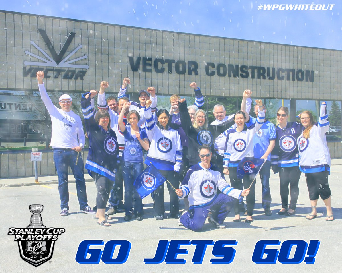 VectorConcrete's tweet photo. Team #Vector took a moment at lunchtime today to pose for a staff picture in support of our favourite #NHL hockey team. We're proud of our #WinnipegJets and it shows! #GoJetsGo #WPGWhiteout #WeSaveStructures #StanleyCupPlayoffs #VectorConstruction https://t.co/XaqXogNgvW