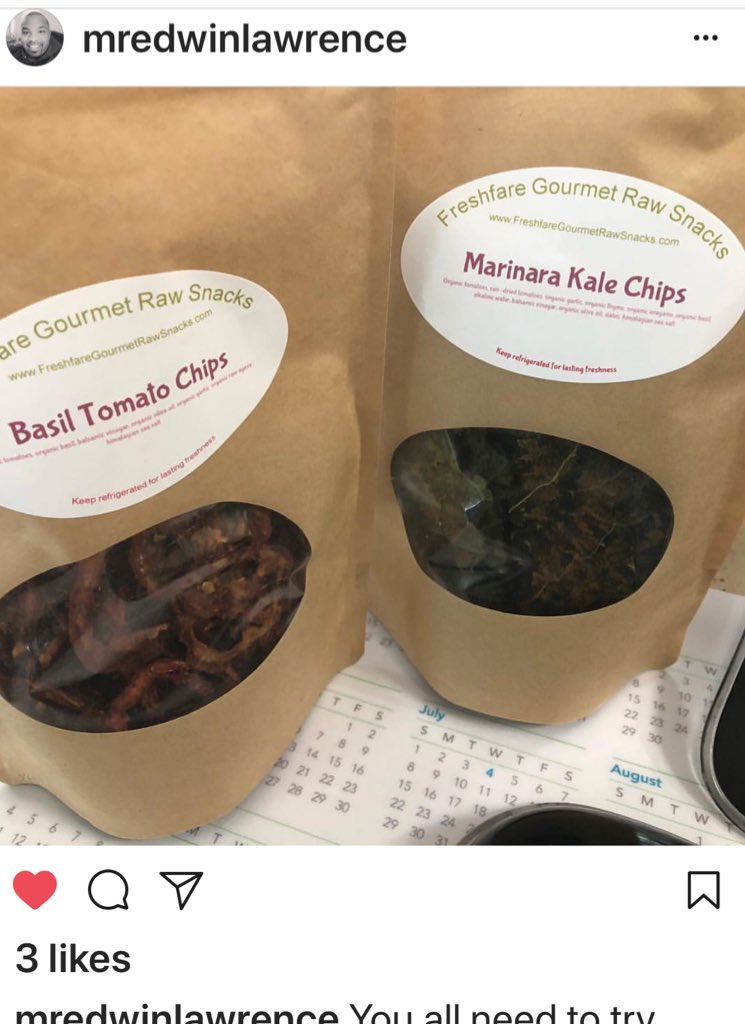 StacyeBranche's tweet photo. Thank you @mredwinlawrence for your support of @freshfaregourmetrawsnacks So glad you are enjoying your snacks #marinarakalechips #tomatobasilchips #Freshfare #Raw #vegan #rawvegan #rawfood #RawSnacks #veganfood #vegetarian #vegetarianfood #Snacks #food #foodporn #healthy https://t.co/C2T4HRJGXK