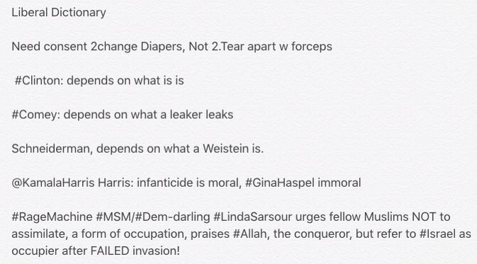 CotoBlogzz's tweet image. Liberal Dictionary

#RageMachine #MSM/#Dem-darling #LindaSarsour urges fellow Muslims NOT to assimilate, a form of occupation, praises #Allah, the conqueror, but refer to #Israel as occupier after FAILED invasion! 

Need consent 2change Diapers, Not 2.Tear apart w forceps