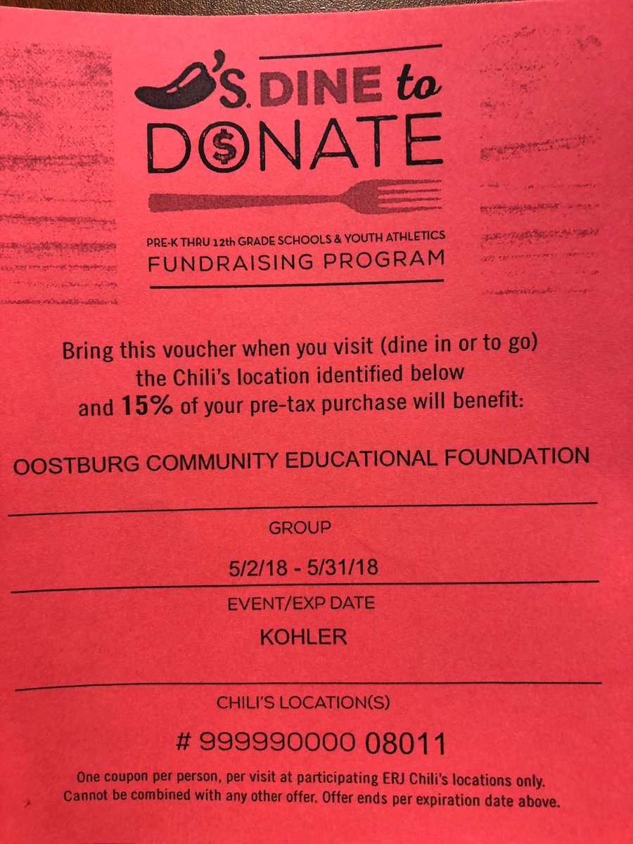 oostburgschools's tweet photo. Make money for our schools by dining in or carrying out at Chili's!   https://t.co/Tcmu8dp9CB https://t.co/O3x8brBdF8