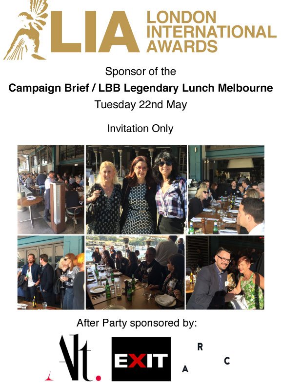 LIAawards's tweet photo. Proud Sponsor of the Campaign Brief/LBB Melbourne Legendary lunch along w/after party sponsors Exit Films, Alt.VFX & Arc @campaignbrief @LBBOnline #LIAawards #LIA #CampaignBrief #LBB #Exitfilms #Altvfx #Arc #Melbourne #Australia #Legendary #creativity #greatminds #powerofideas https://t.co/EjsPcFqEx2