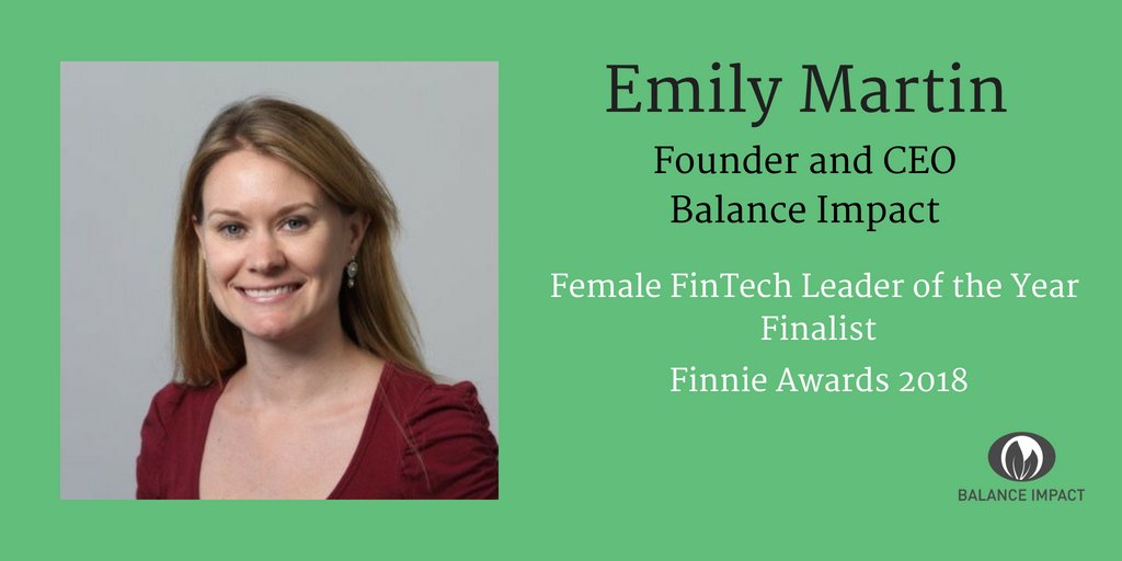 BalanceImpact's tweet photo. We’re very proud of our founder and CEO Emily Martin, who has been named as a finalist in the Female FinTech Leader of the Year category of the prestigious 2018 FINNIE Awards. https://t.co/QQyfPT0hWE via @BIAUS  #FINNIES #fintech #ethicalinvesting @ausfintech https://t.co/TKDqzDBStA