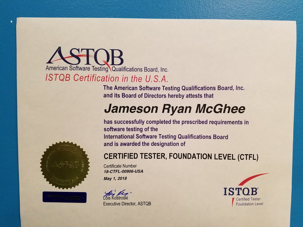 JamesonRMcGhee's tweet photo. It just came in the mail!
#ISTQB CTFL cert from the #ASTQB. Thanks again @SQETraining and @TechWell! https://t.co/yX1MFHm2Ej