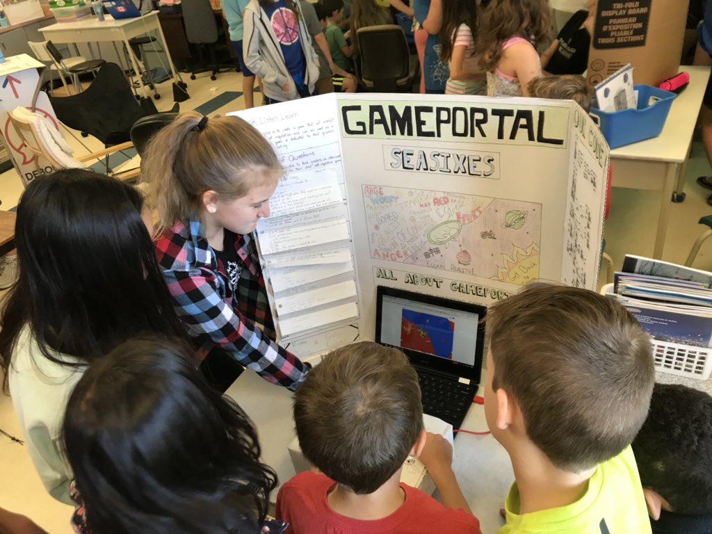 MmeKrawiecki's tweet image. Finally going full circle - the end of the design thinking process. Ss are launching their @scratch games to @MsBrownGr3, the original audience ss designed their games for! #seastllp #learningpartnerships #codingquest