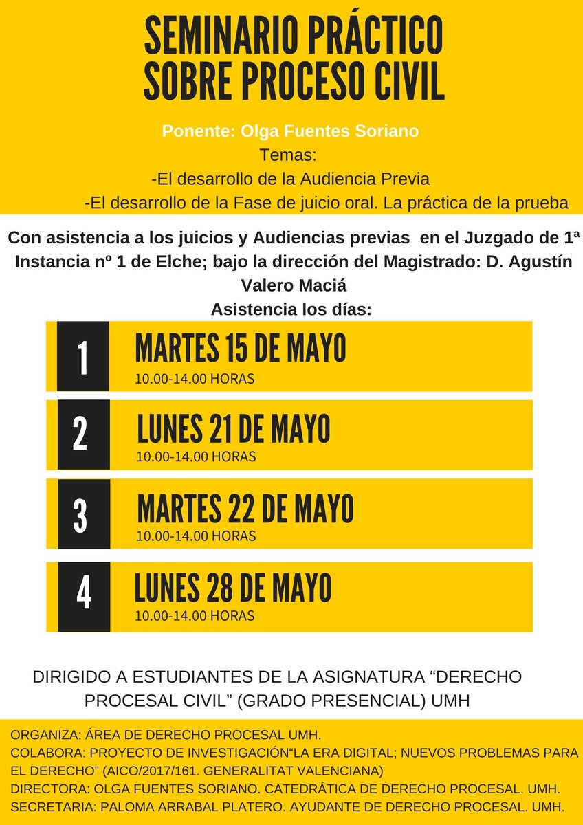 umh1434's tweet photo. Por fin mañana arranca el Seminario Práctico sobre el Proceso Civil

L@s estudiantes tendrán la oportunidad de ver juicios y audiencias previas acompañad@s del magistrado Agustín Valero Maciá y de la profesora @Olga_Fuentes, magistrada en Derecho Procesal https://t.co/zwHF1aWnoW