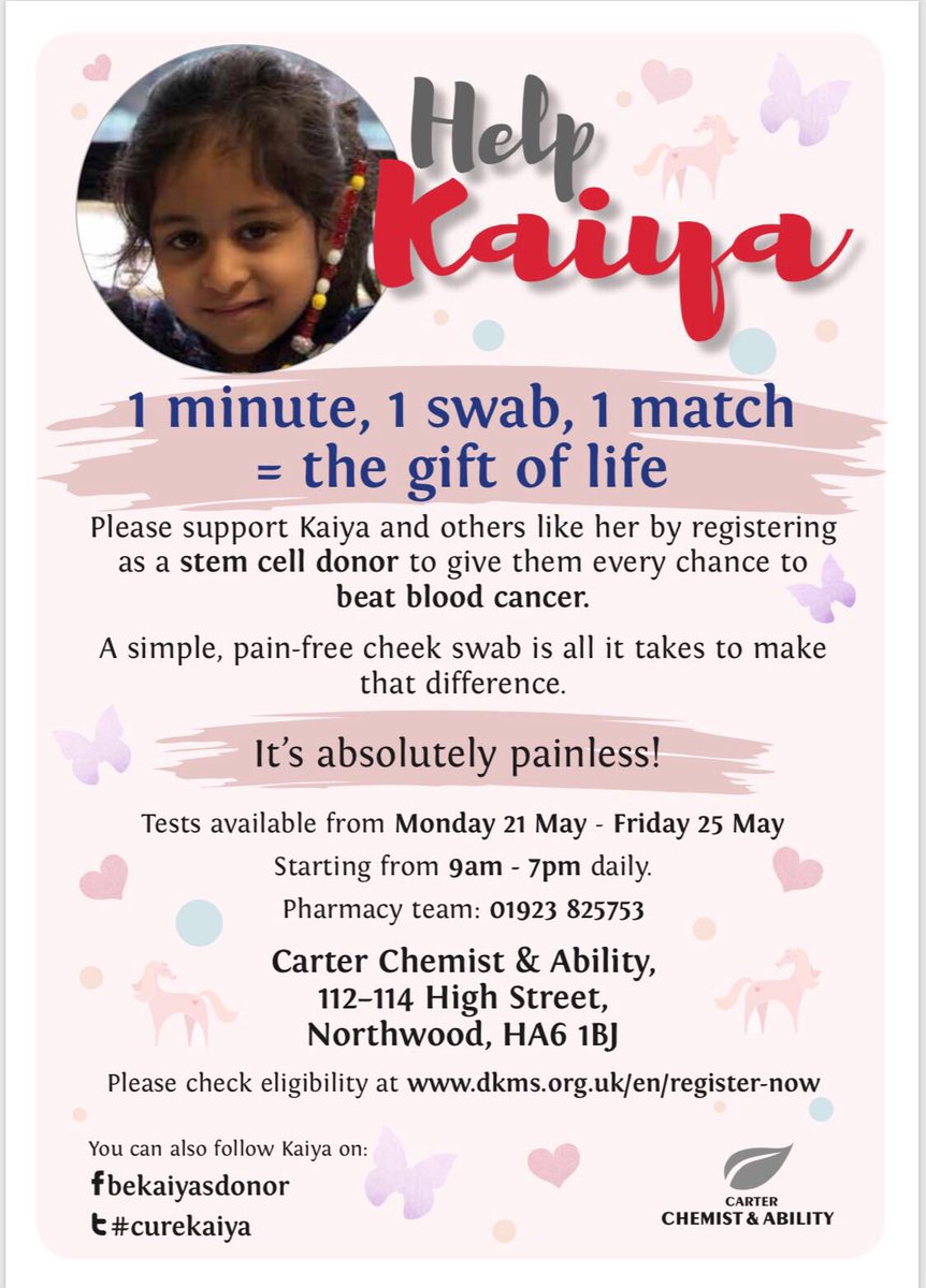 CarterChemist's tweet photo. For those that have not had a chance to register online and would like to get this simple PAINLESS test, please see details below of a drive in Northwood, Middlesex.
#curekaiya #bekaiyasdonor https://t.co/igpSYZJeLW