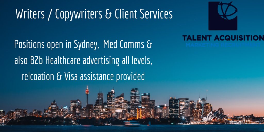 TalentRecInt's tweet photo. Positions open in Sydney,  Med Comms &amp; also B2b Healthcare advertising all levels, relcoation &amp; Visa assistance provided #job #jobfairy #medicalcommunications #healthcareadvertising https://t.co/OvNXaLGoiu