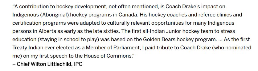 Libarbarian's tweet photo. Clare Drake's influence was widespread. Here's Chief Wilton Littlechild on Drake's impact on Indigenous hockey. #UAlberta #claredrake https://t.co/N79j5khXVY