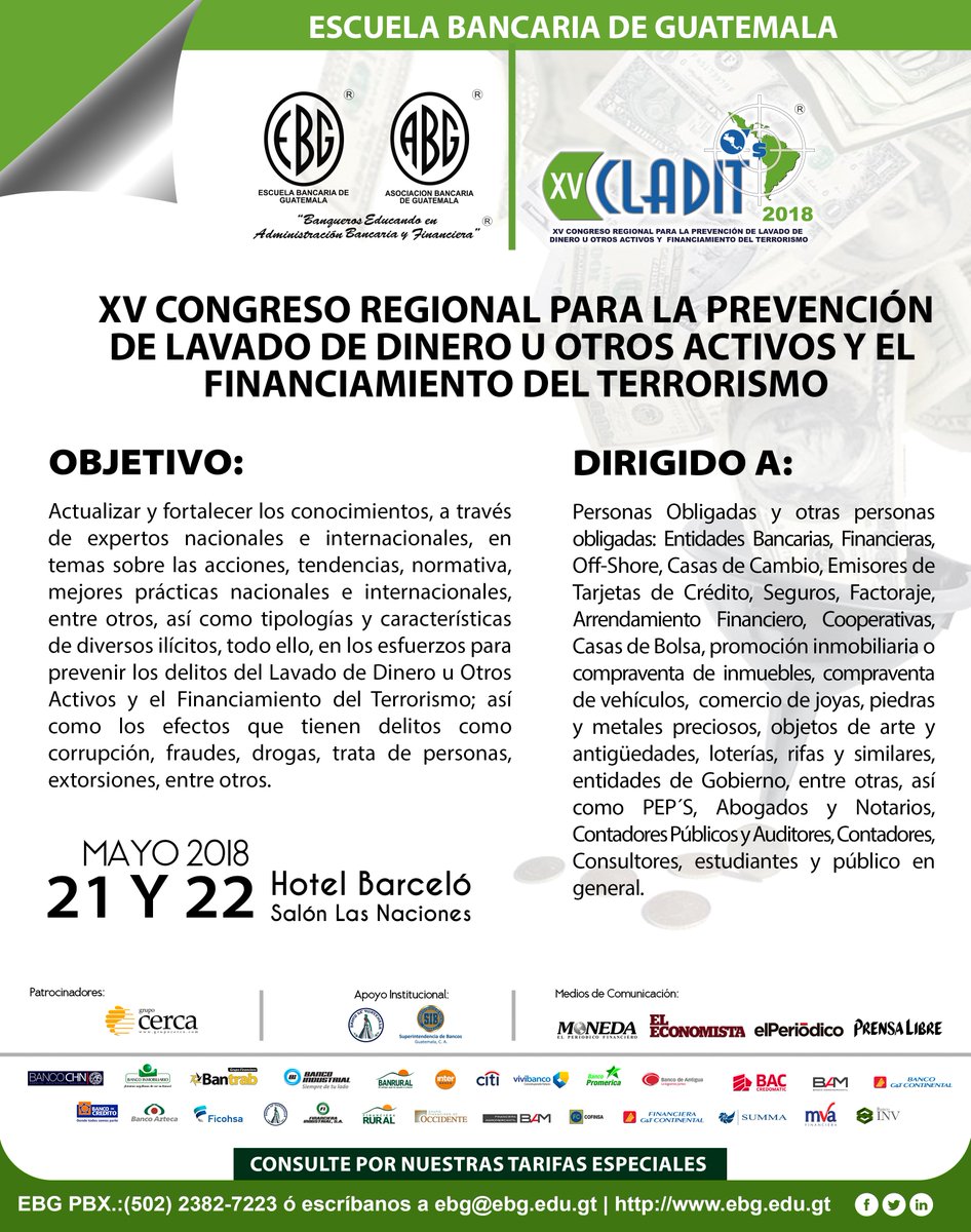 sib_guatemala's tweet photo. Especialistas de la @sib_guatemala participarán el próximo 21 y 22/05, en el "XV Congreso Regional para la Prevención de #LavadoDeDinero u Otros Activos y el Financiamiento del Terrorismo" #CLADIT, evento organizado por @ABG_EBG Más información en: https://t.co/d1CczHoYEb https://t.co/orP29WB6gh