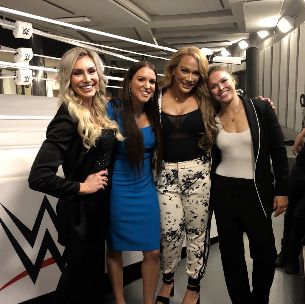 StephMcMahon's tweet photo. Proud to represent @WWE and the #WomensEvolution with these amazing trailblazers @NiaJaxWWE @MsCharlotteWWE &amp; @RondaRousey at the @NBCUniversal Upfront today! #NBCU2018 https://t.co/kfvvYzvU3U