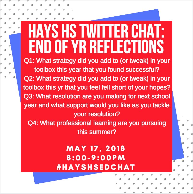 Join us @haysrebs family & friends this Thursday, & give this a retweet please! #hayshsedchat

#rebelswithacause #hayshs
@HaysCISD @timdgarrison @PartainSharee @cmacphe @rbough @erod129 @emherrin @jamielocklin @TonyaKallfelz @RebeccaPHudson @MeganZembik @mandymtaylor