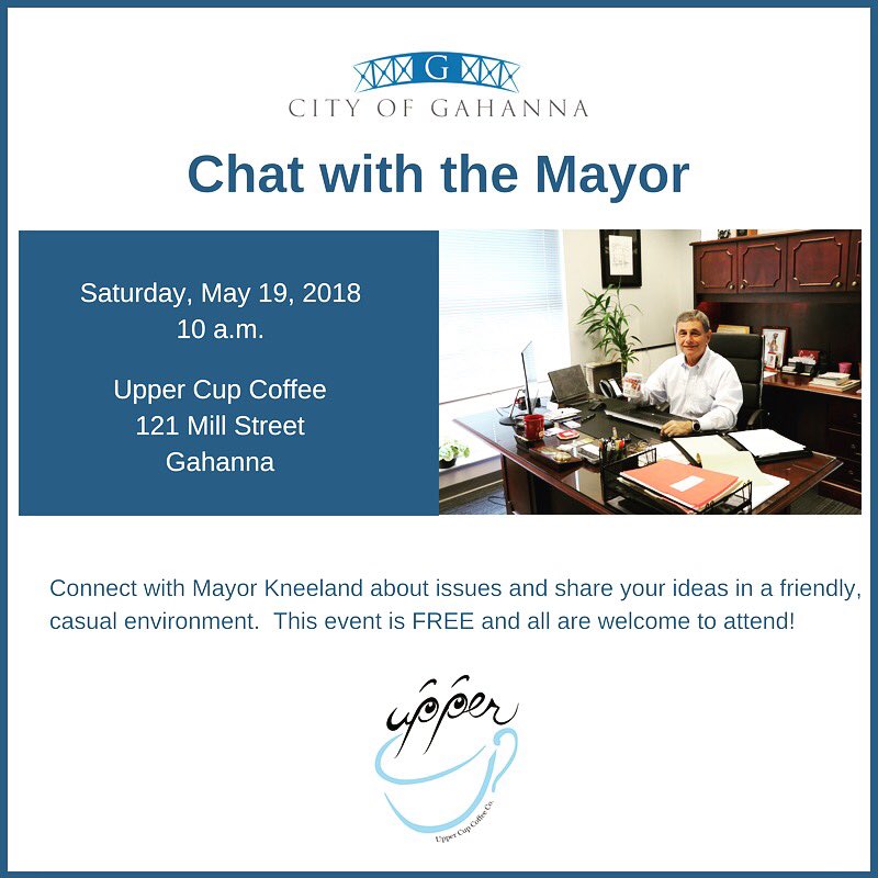 CreeksideNews's tweet photo. Join @MayorKneeland this Saturday, May 19 at 10 am for his "Chat with the Mayor" event at the Gahanna Creekside location of Upper Cup Coffee! #ChatwiththeMayor #Gahanna #Creekside https://t.co/8iXMs6QoXz
