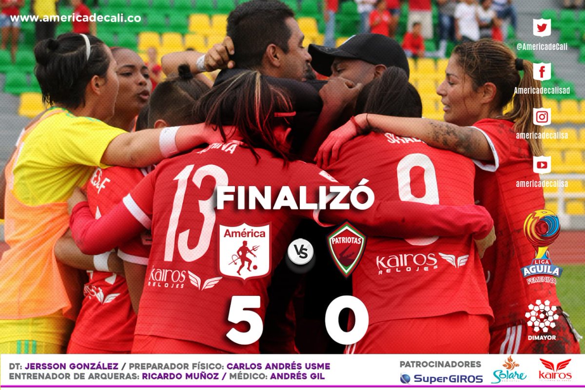 AmericaPasion1's tweet photo. *Celébralo Escarlata*
Aplastante victoria de América Femenino 5-0 sobre Patriotas para clasificar a las semifinales de la Liga Águila Femenina 2018. El cuadro rojo remontó el 2-0 del juego de ida con goles de Farlyn Caicedo (2), Vanessa Franco (2) y Catalina Usme. @DiablasRojas https://t.co/13IwtQZ3hA