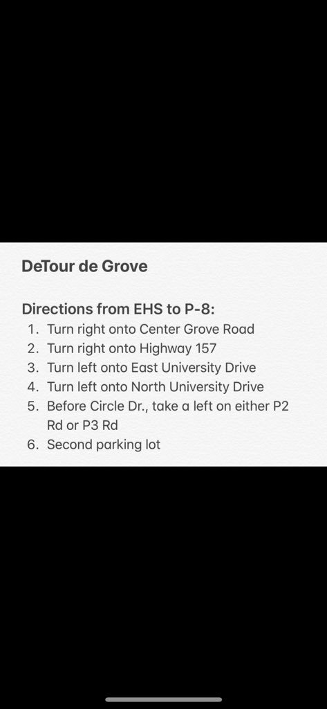 Attention seniors ! Meet at parking lot 8 @ 6:15 ! We will take a group photo, and depart @ 6:45, and proceed around the High school after we arrive. Take East university Drive, and attached are directions! Be safe and cautious and let’s rock our last day !