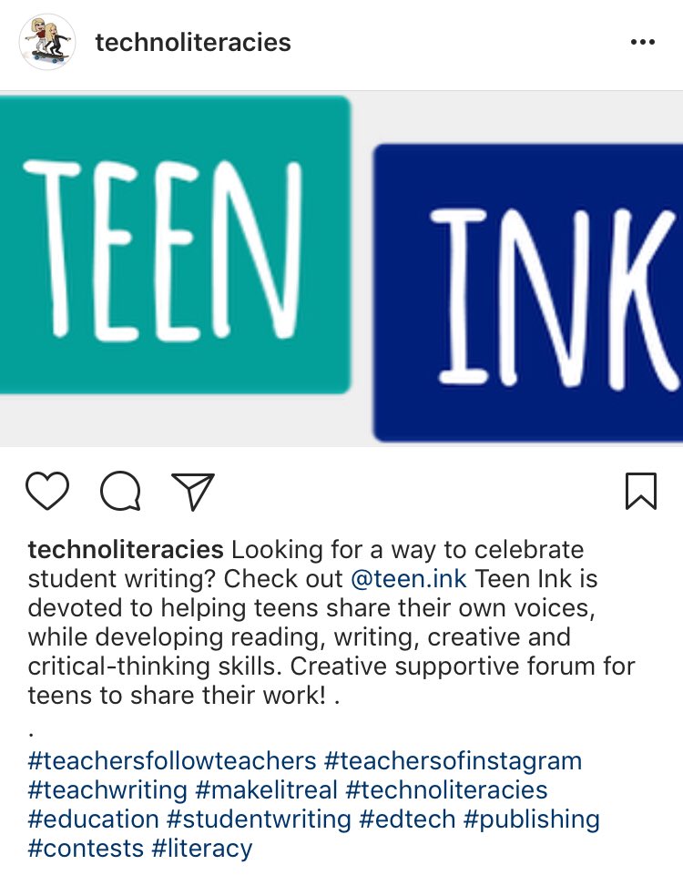 shfarnsworth's tweet photo. Just posted on @instagram via Technoliteracies about @teenink a creative and supportive forum for teens to share their work! #edtech #makelitreal #teachwriting https://t.co/um7yfSsMTA