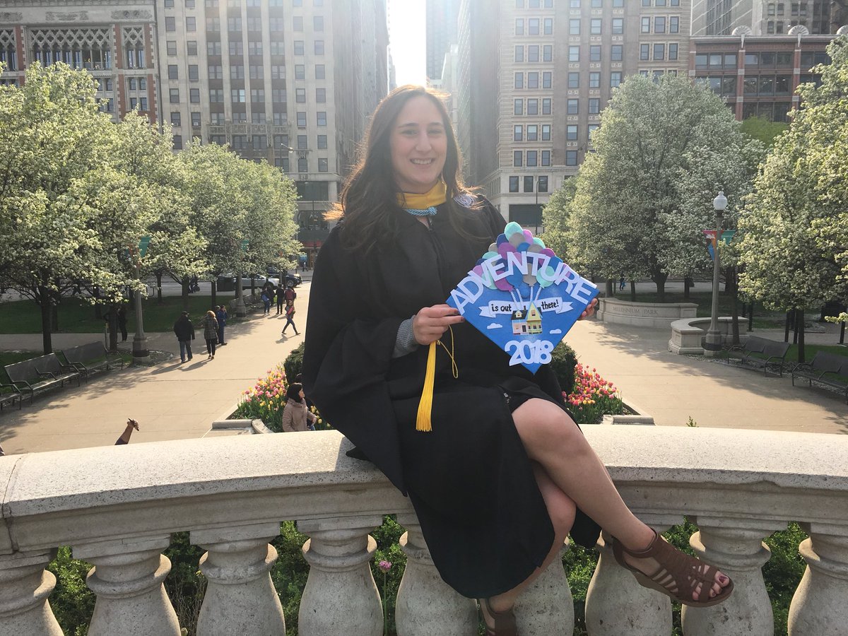 Nat723's tweet photo. Over the weekend, I graduated with my M.S. in Integrated Marketing Communications from @RooseveltU! Just wanted to share my @Disney inspired grad cap! #Up #Adventure #Disney #Chicago #RooseveltU https://t.co/0L5vEV6QP4