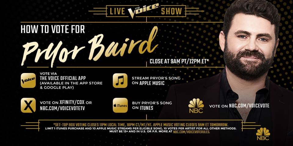 BairdPryor's tweet photo. 90 minutes to #TheBiggestMomentOfMyLife  -- countin' on my #Pryorities to come out strong, Download the new single AFTER the show starts (not before) and then stream and Vote and SHARE! #VoiceTop8 #TeamPryor #TeamBlake @iTunes  @AppleMusic https://t.co/53NLdFpxt8