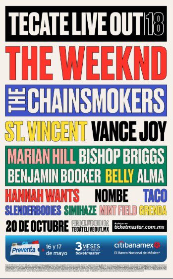 Setlist_me's tweet photo. Cartel del #LiveOut18 #TecateLiveOut @liveoutoficial con @theweeknd @TheChainsmokers y más este próximo 20 de Octubre en el @parquefundidora https://t.co/kn27cJQnLI https://t.co/i9EtFjdjYF