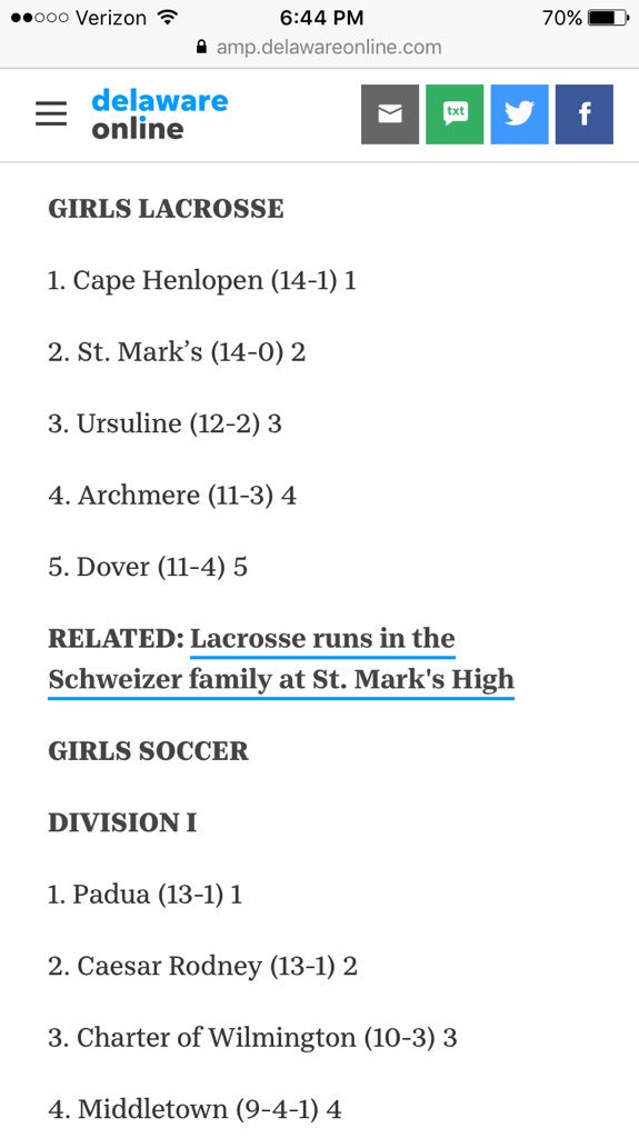 EdSynoski's tweet photo. That's right D-High! Moving on up in the @delawareonline sports rankings! @CSDDoverHigh @Senators6M girls tennis takes back its 1 spot that it lent to @CaesarRodneySD. Boys track moves up to 1, girls track moves up to 4 and @DHSladylaxers coming in at 5! #shouldhavebeenasenator https://t.co/baKLUkp8ZZ