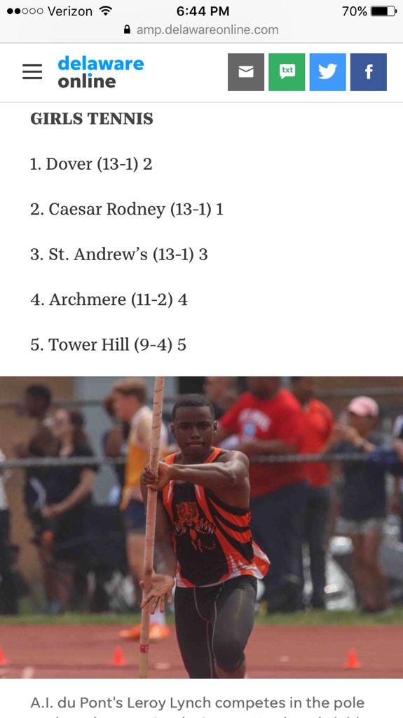 EdSynoski's tweet photo. That's right D-High! Moving on up in the @delawareonline sports rankings! @CSDDoverHigh @Senators6M girls tennis takes back its 1 spot that it lent to @CaesarRodneySD. Boys track moves up to 1, girls track moves up to 4 and @DHSladylaxers coming in at 5! #shouldhavebeenasenator https://t.co/baKLUkp8ZZ