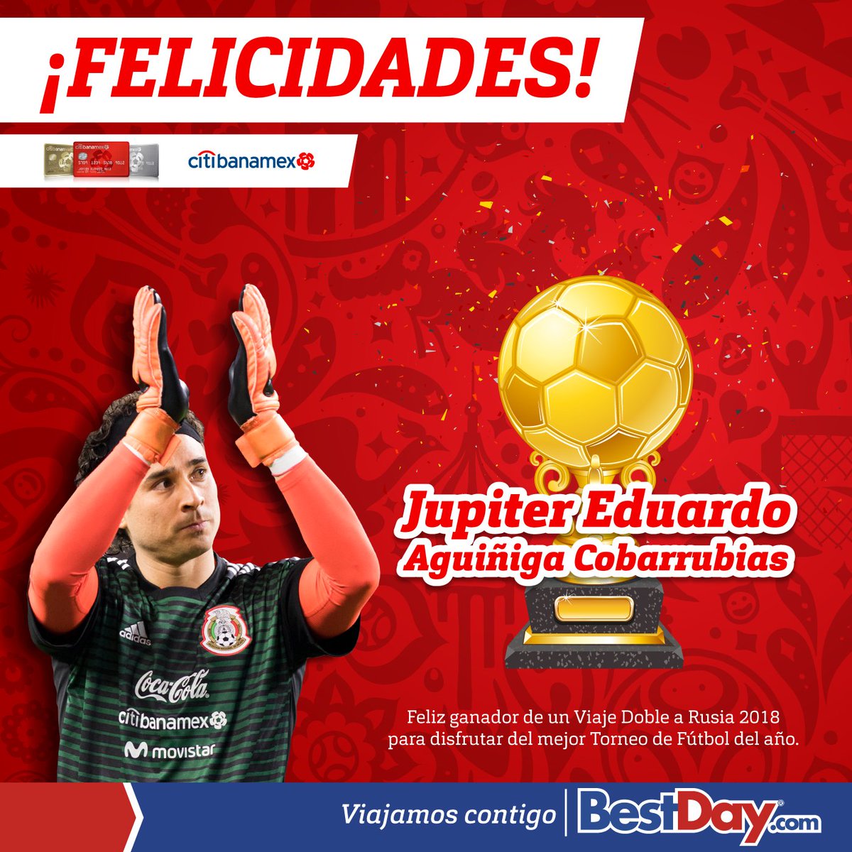 BestDay_Travel's tweet photo. 🎉Muchas felicidades a Jupiter Eduardo Aguiñiga Cobarrubias por haber sido el afortunado ganador de nuestra dinámica a Rusia ⚽🛩 https://t.co/iLio3cPQeL