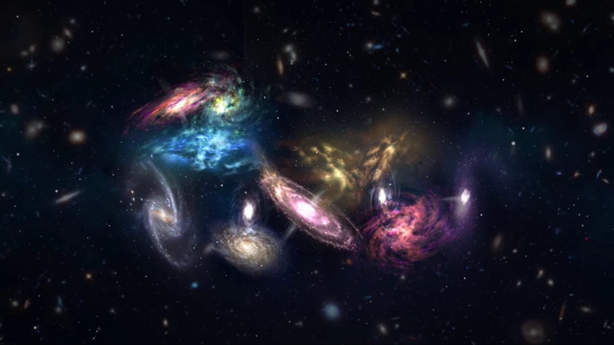 ManuelEstrada99's tweet photo. Foto de hace más de 12,400 millones de años (a tan solo 1,400 millones de años del Big Bang), muestra lo sería la coalición de 14 galaxias.
La segunda foto es la representación artística.🌌👌😍 https://t.co/R21PvQYZGJ