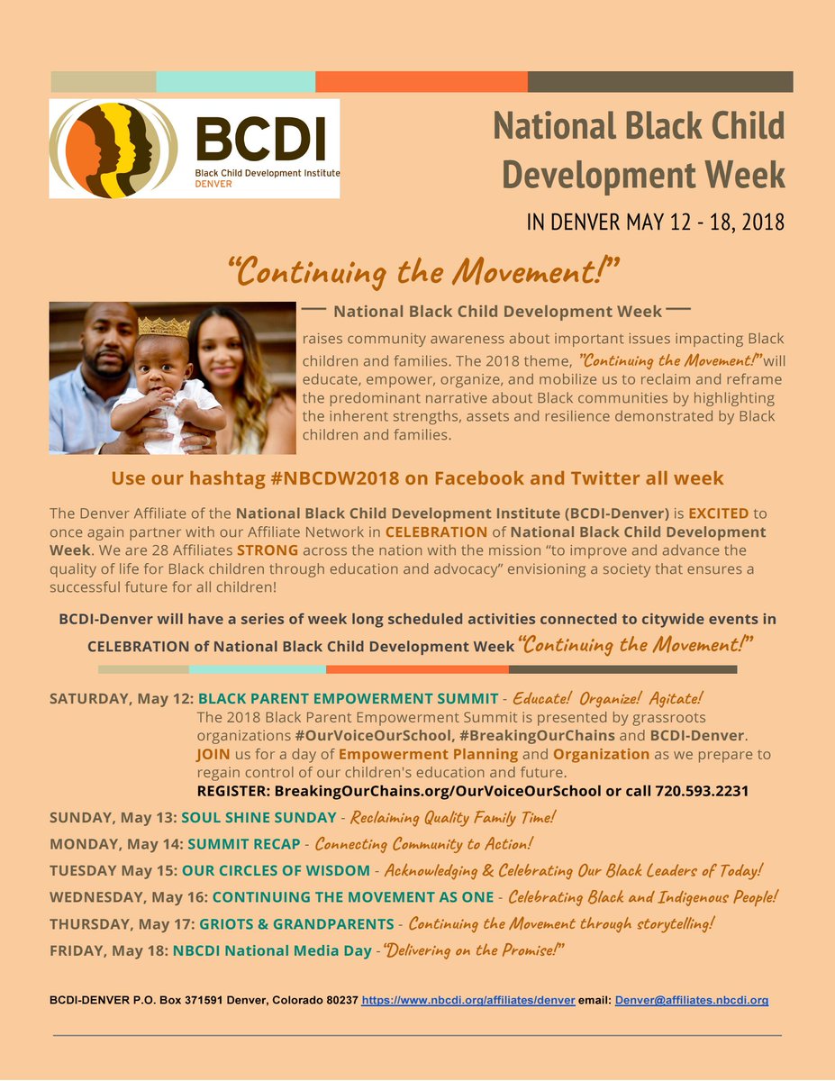 BCDI Denver (@bcdidenver) on Twitter photo Thank you for your support for BCDI-Denver and the Community of Practice, Today we kick off National Black Child Development Week (NBCDW): 
This year, we will address one of the greatest civil rights issues of our time: the preschool-to-prison pipeline.  #NBCDW18 Thank you for your support for BCDI-Denver and the Community of Practice, Today we kick off National Black Child Development Week (NBCDW): 
This year, we will address one of the greatest civil rights issues of our time: the preschool-to-prison pipeline.  #NBCDW18
