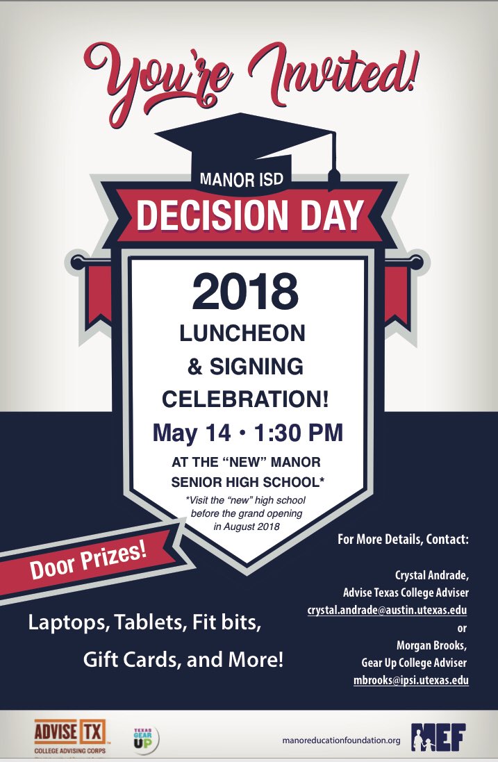 ManorHS's tweet photo. MISD Class of 2018 Decision Day was a huge success!!! Thank You Gear-Up, MEF, & Community Orgs. #MHS #MEA #MNTHS #ManorPride @ManorSeniorHS https://t.co/eKoCd2Qsjm