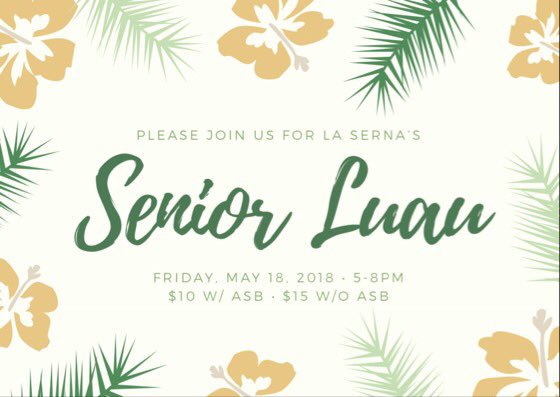 lshsASB's tweet photo. 🌺SENIOR LUAU IS FRIDAY🌺
🌴may 18, 2018  5-8pm🌴
🍍$10 with asb
🍍$15 without https://t.co/zjh9PUYce6