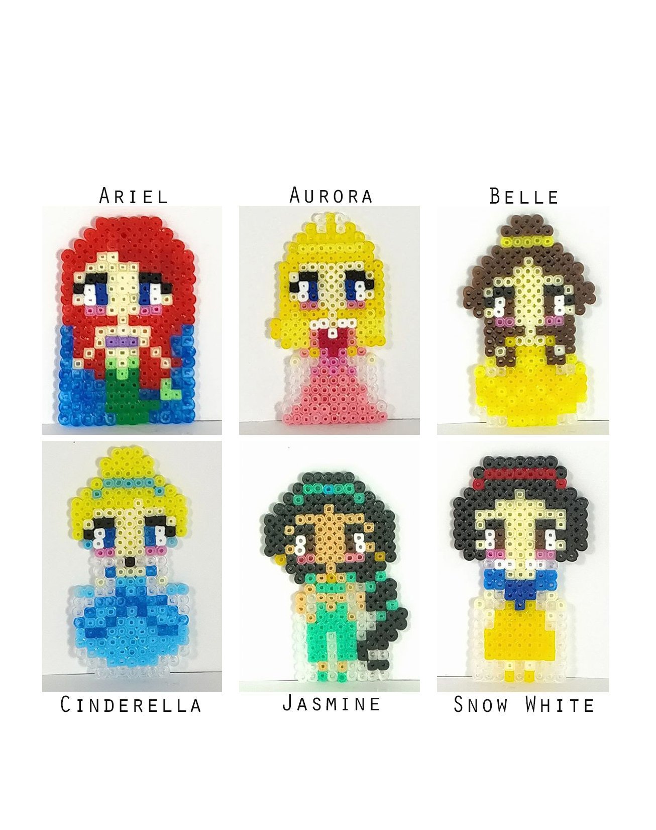 Disney Princess Set of 4, Perler Beads, Geekery, magnet, Ariel, Belle,  Tiana, Cinderella, Snow White, Jasmine, Rapunzel, Mulan, …