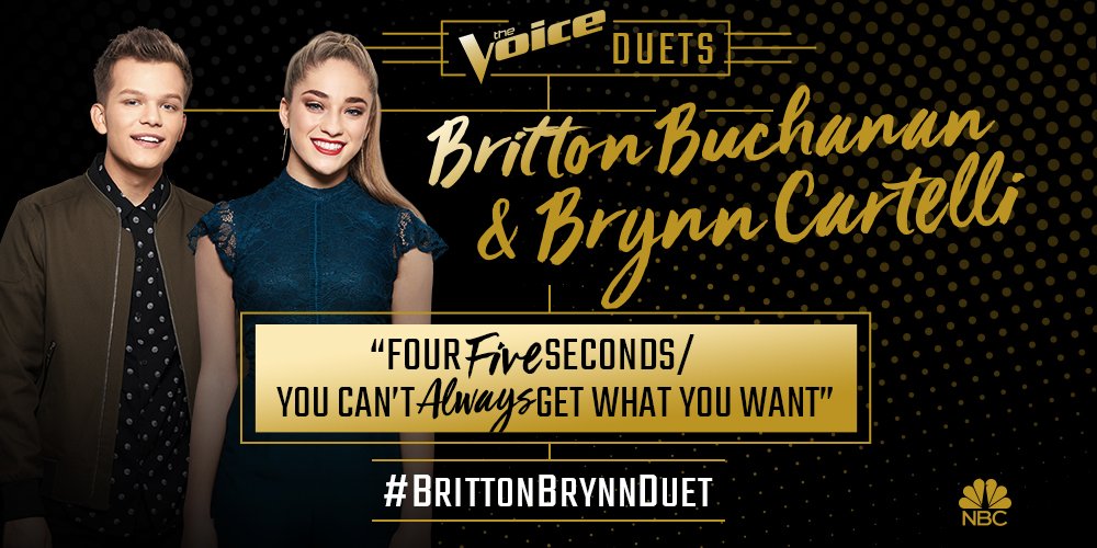 RT to VOTE for @BrittonBuchanan and @BrynnCartelli’s duet of “FourFive Seconds/You Can’t Always Get What You Want” #BrittonBrynnDuet